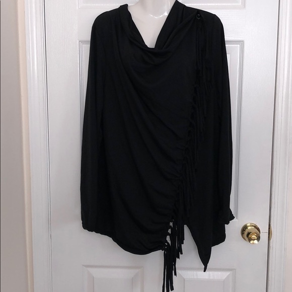 Black Buttoned Slouch Neck Cardigan with Fringe - Picture 1 of 6